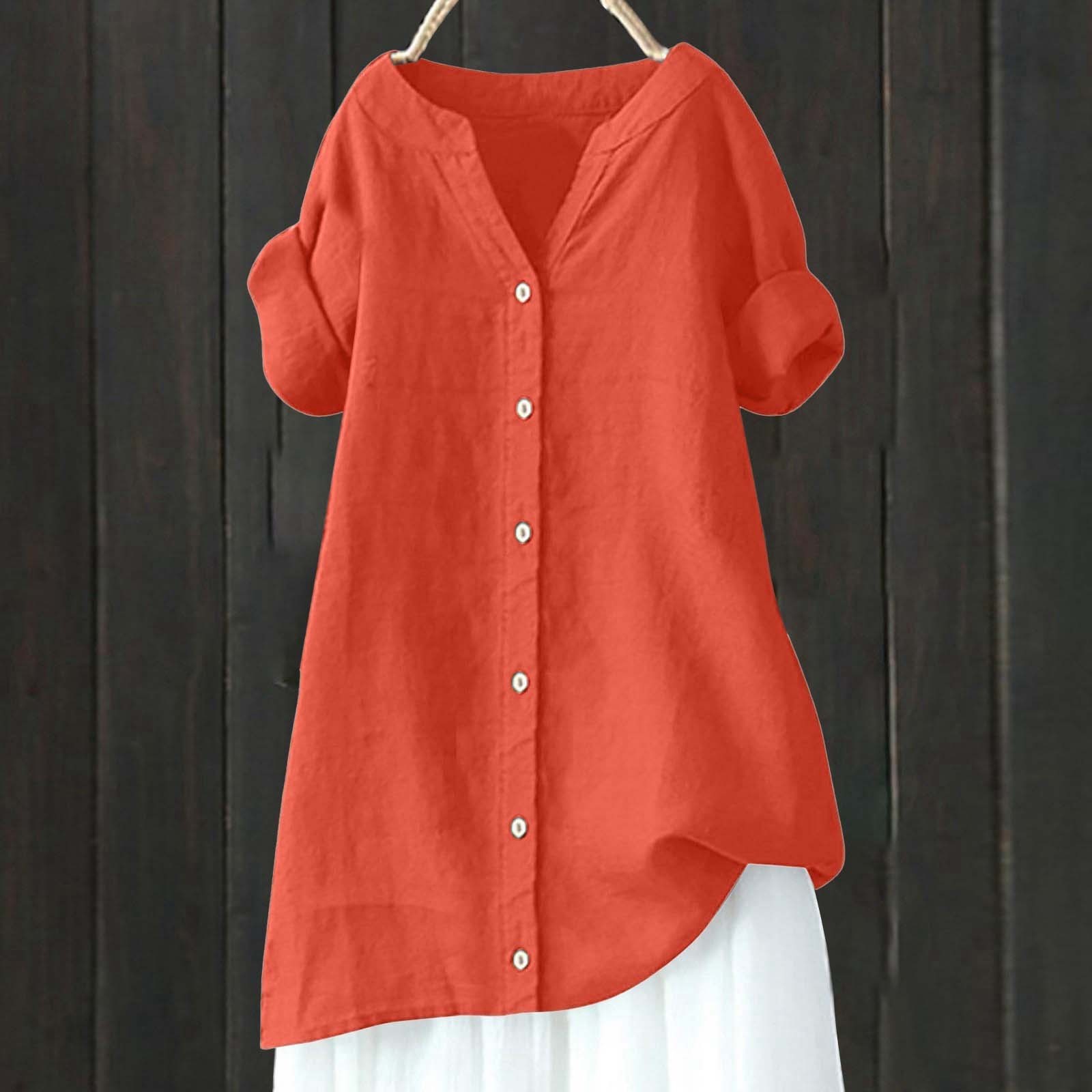 thumbnail image 2 of Camisa de lino para mujer: talla grande, manga corta, cuello en V, color liso, 2 of 4